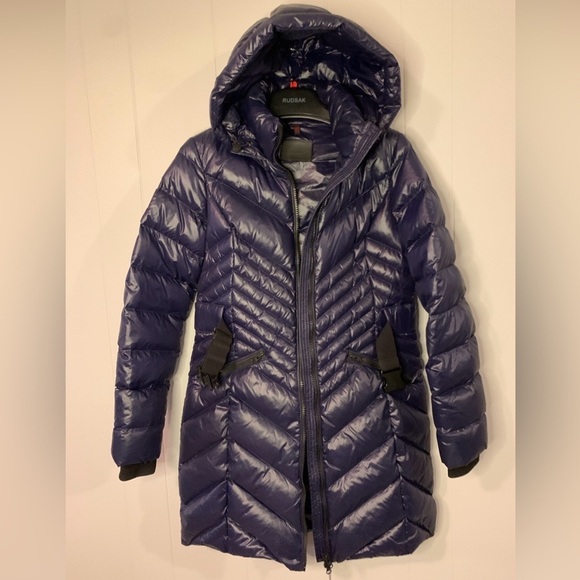 NWT $1195 RUDSAK duck down Quilted shell hooded jacket /belted coat Women Navy - Picture 5 of 11